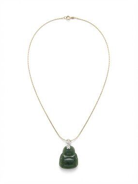 Green Faux Jade Laughing Buddha Pendant Necklace - 18K Gold Plated